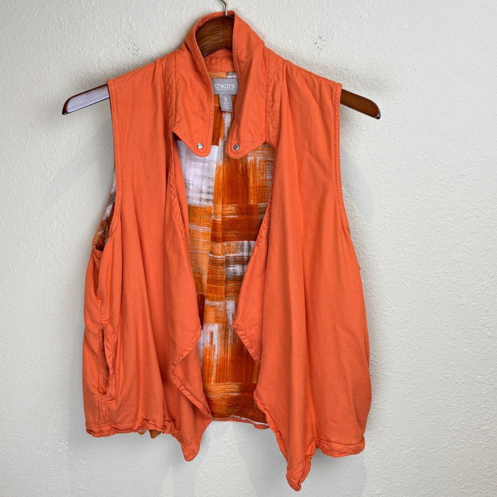 Chico's Womens XL Orange Rayon Lined Vest Open Front Pockets Fall